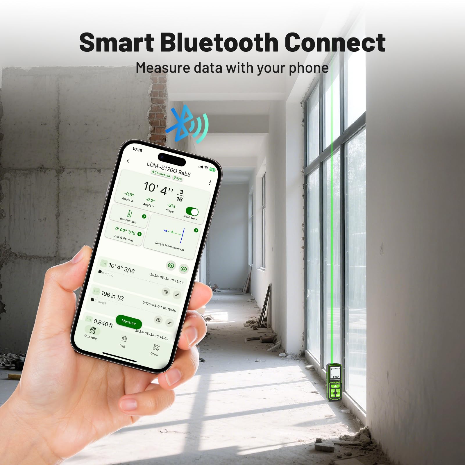 Huepar S120G-BT Télémètre Laser Bluetooth (120 m / 395 ft, Précision ±1,5 mm, Contrôle via App, Surface & Volume)