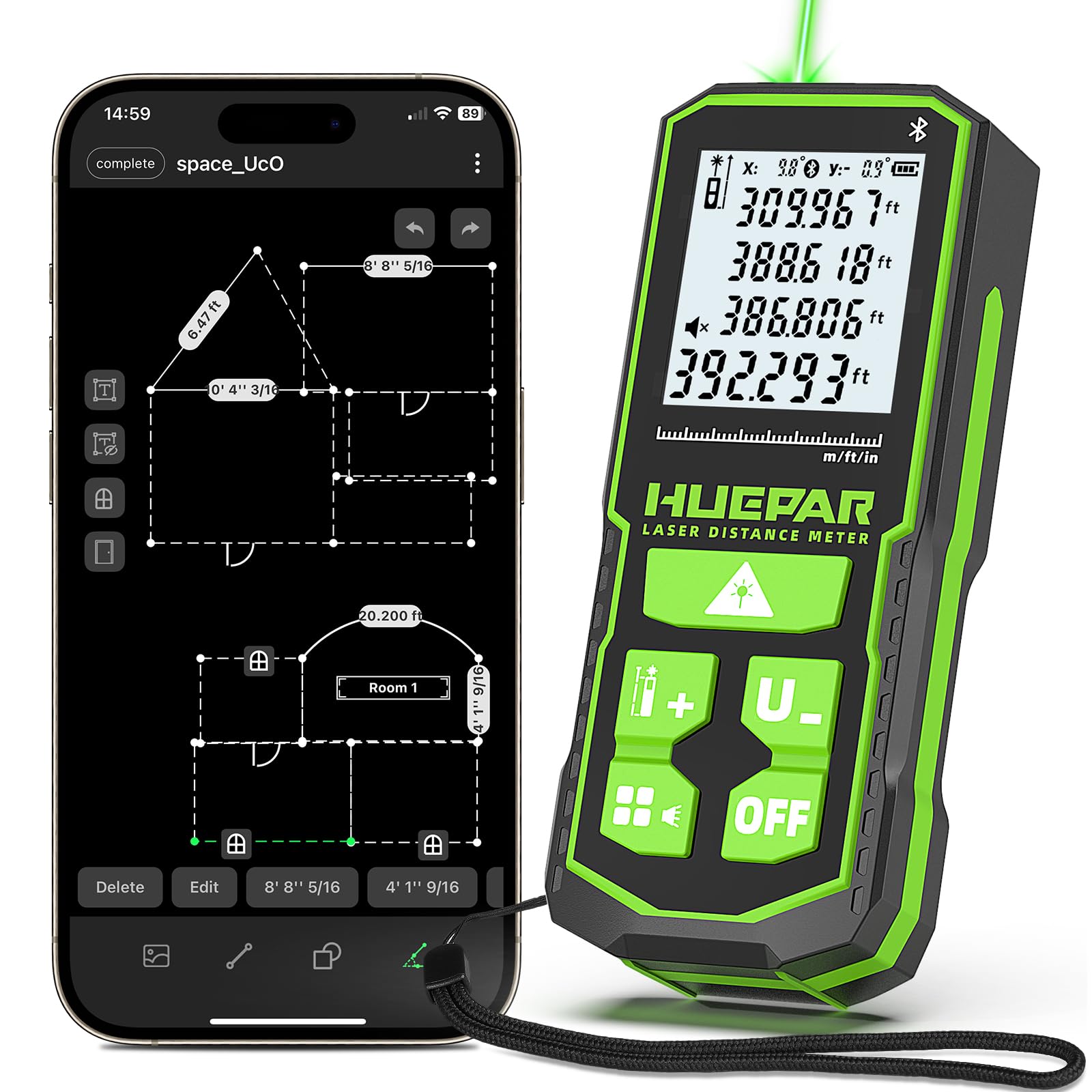 Huepar S120G-BT Télémètre Laser Bluetooth (120 m / 395 ft, Précision ±1,5 mm, Contrôle via App, Surface & Volume)